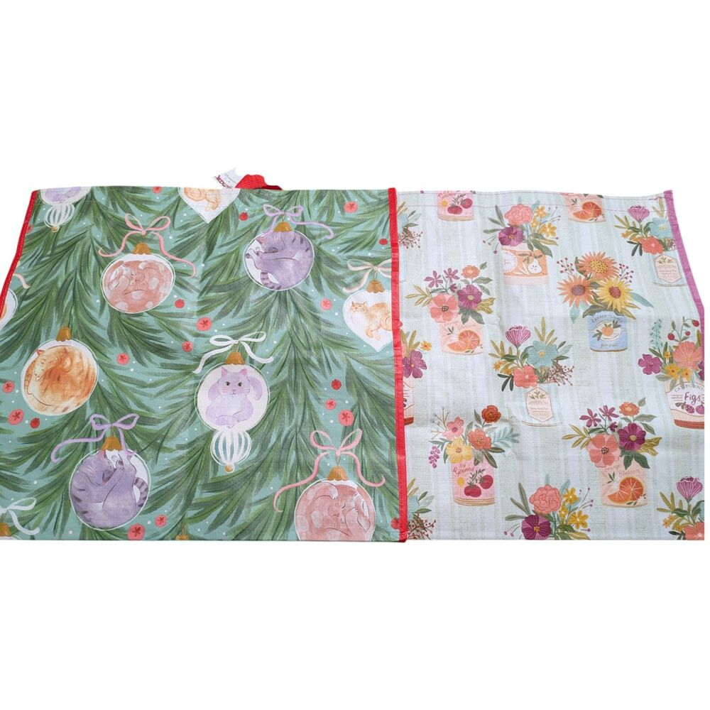 TJ Maxx Reusable Tote Bags Lot of 2 | Floral & Cat Holiday Designs